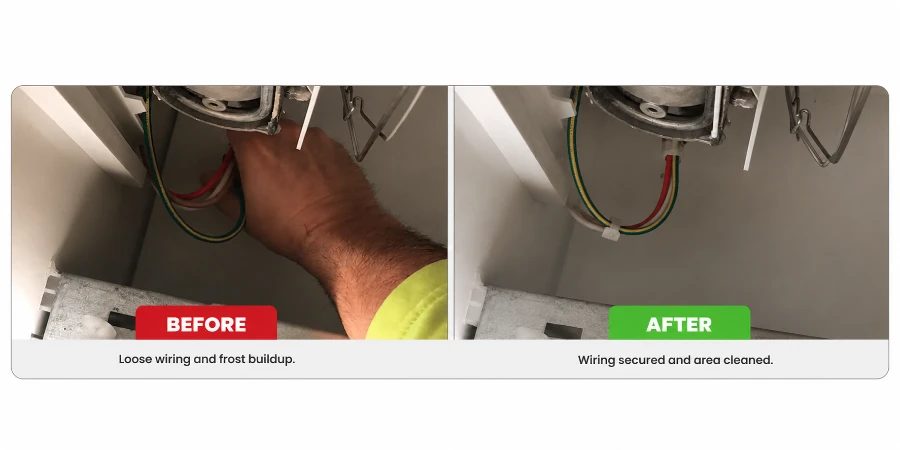 Before and after ice maker repair showing loose wiring and frost buildup, followed by secured wiring and a cleaned interior.