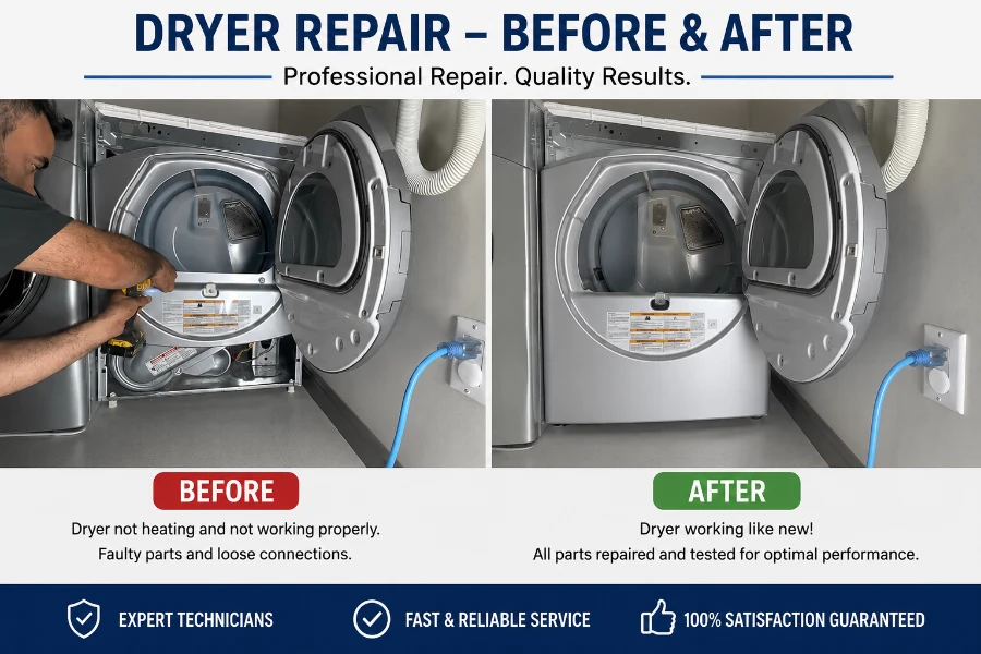 Before and after dryer repair in Abilene, TX.